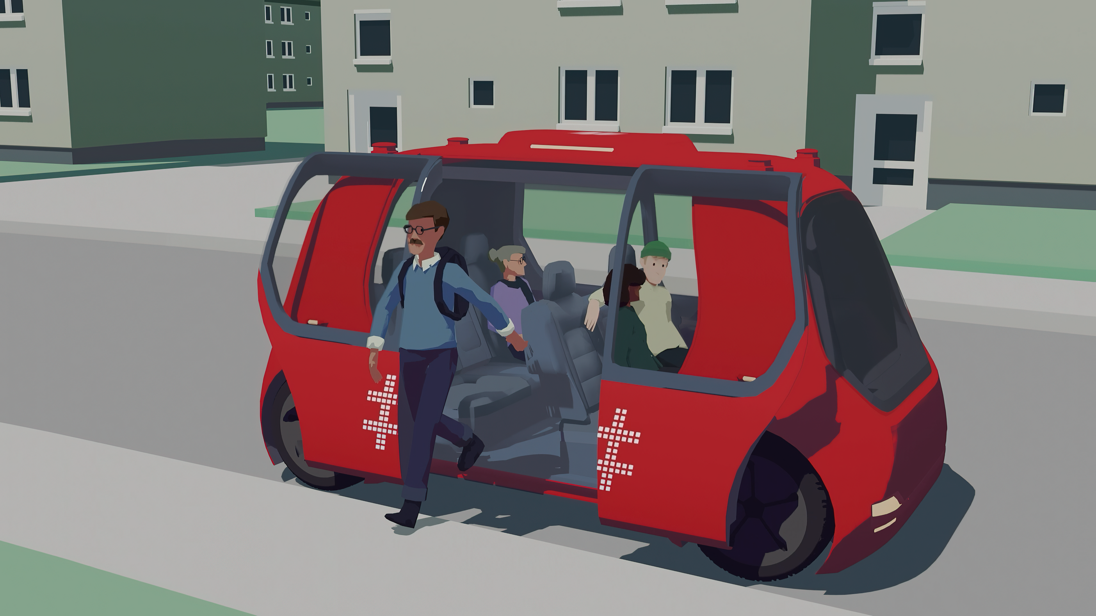 Illustrasjon av selvkjørende kjøretøy der en mann går ut av kjøretøyet og tre passasjerer sitter igjen.