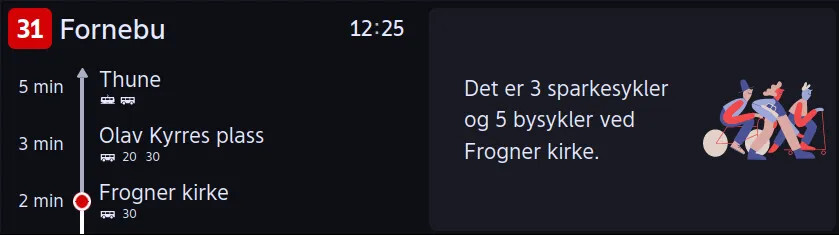 Skjermbilde som viser både de neste holdeplassene og transportmuligheter på holdeplassen.