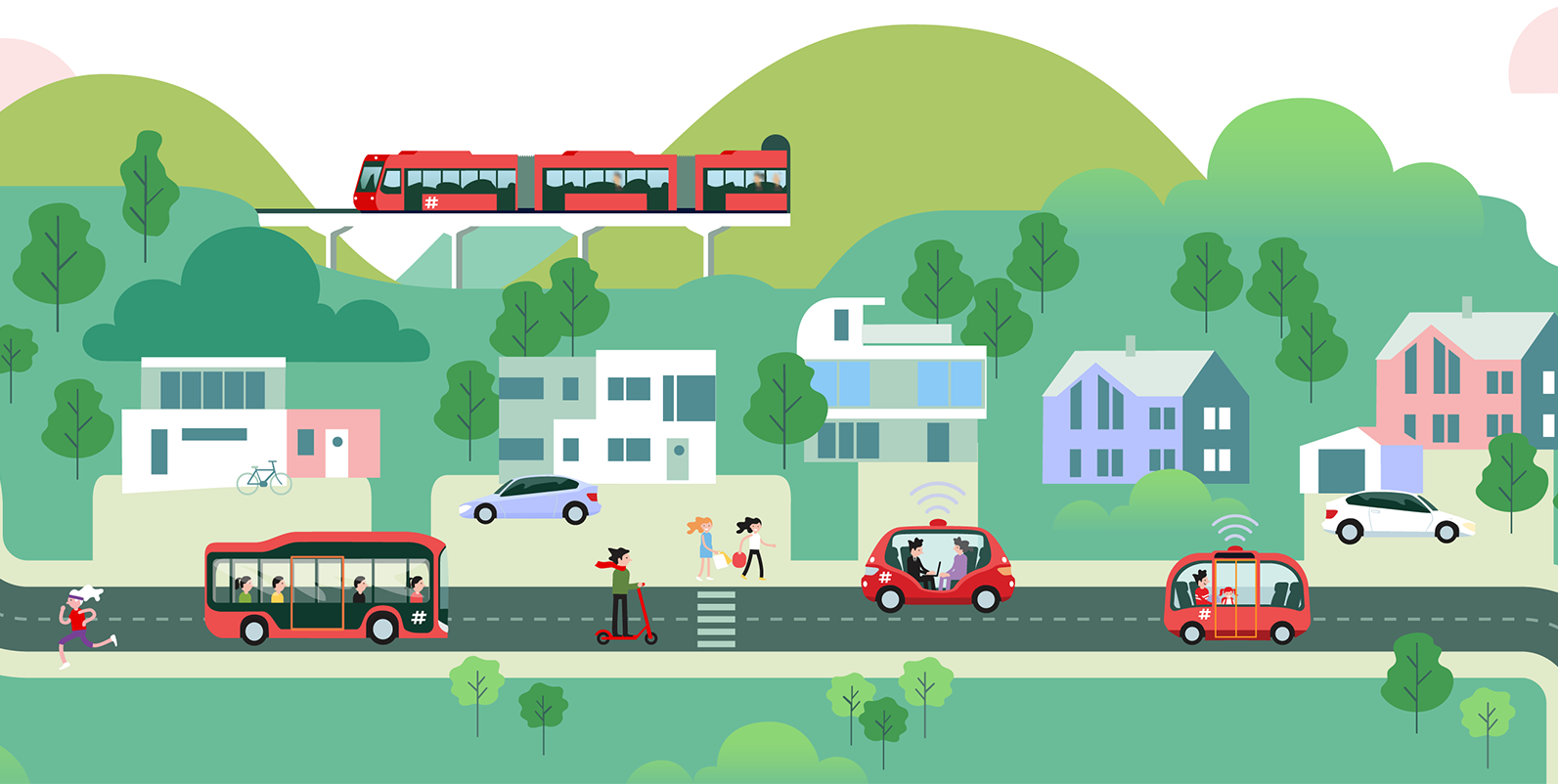 Illustrasjon av samspillet mellom selvkjørende kjøretøy og andre trafikanter i trafikken.