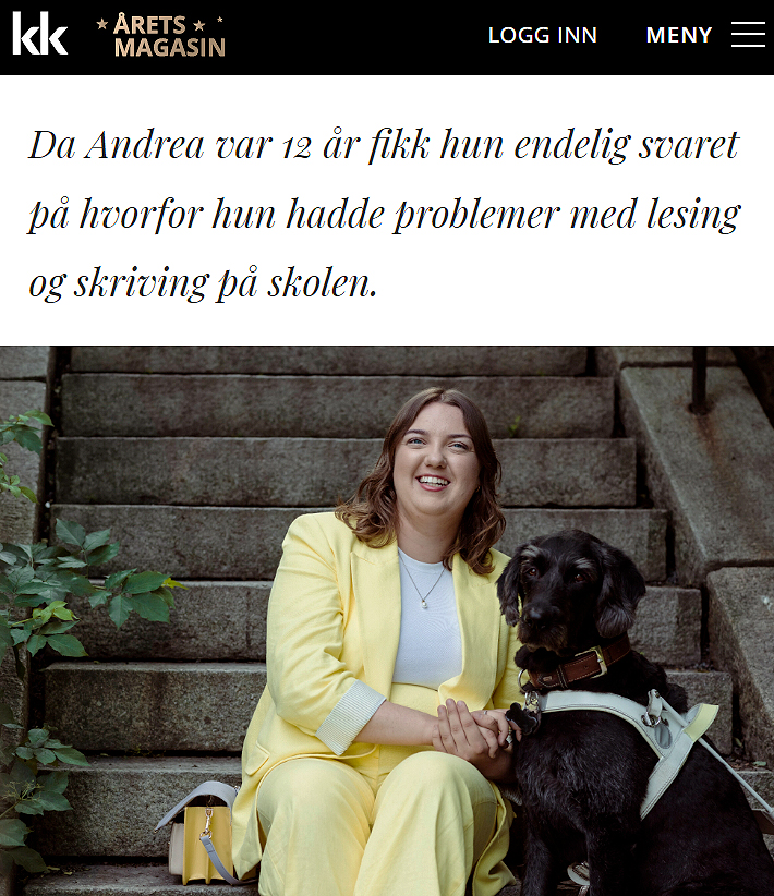 Skjermbilde hentet fra artikkel i KK med en kvinne i gul dress sammen med en sort førerhund.