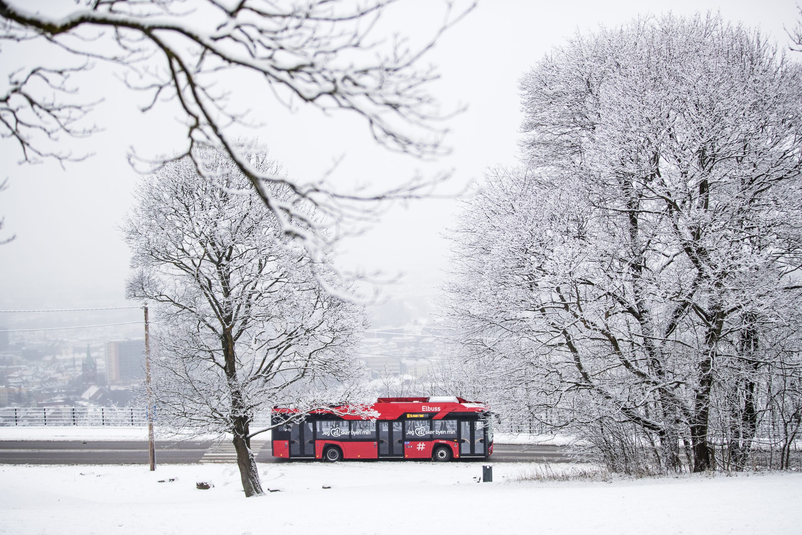 En bybuss kjører forbi en park i vinterlandskap.