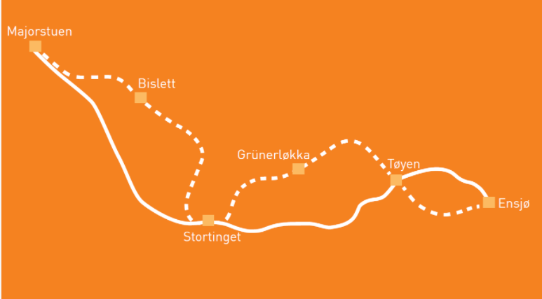 Illustrasjon av kart for ny t-banerute med en stiplet linje av strekningen for nye holdeplasser. En ren linje viser strekningen per i dag.