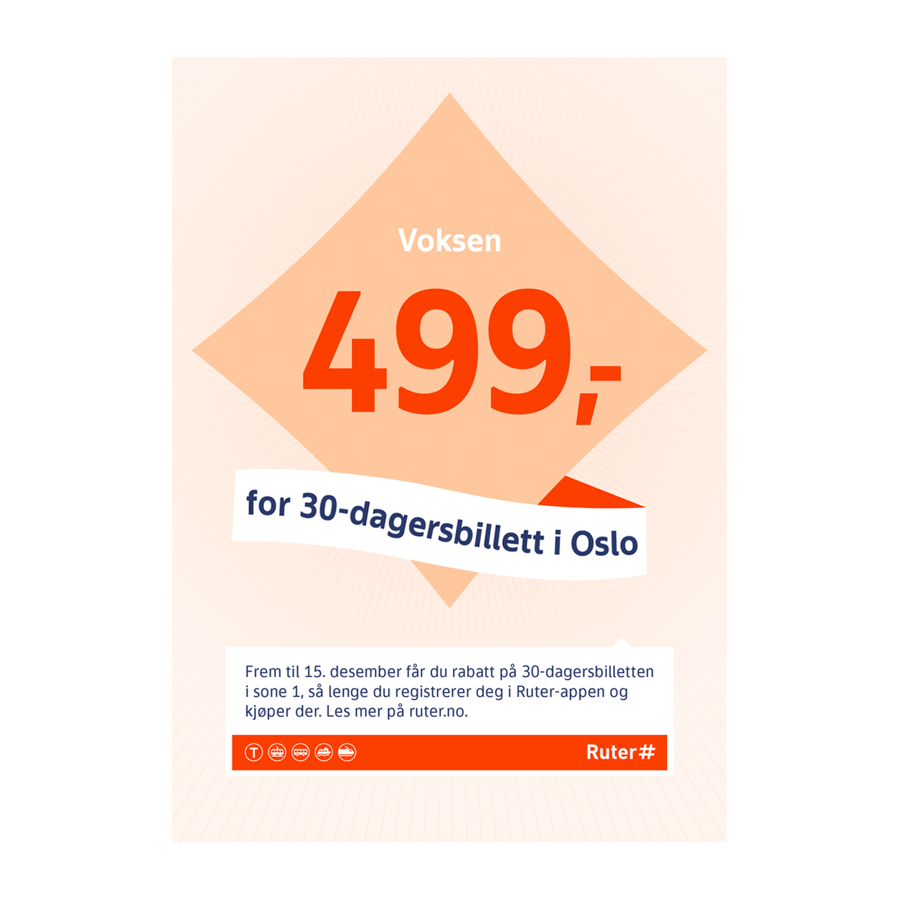 Advertising campaign about Ruter's discounted price on a 30-day ticket in Oslo.