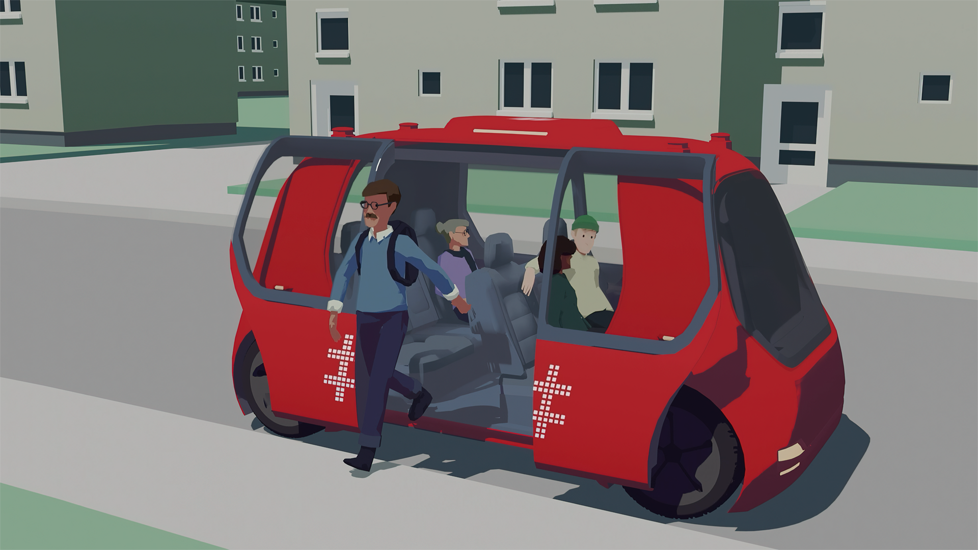 Illustration of a self driving vehicle. Man walking out with three passengers still inside.