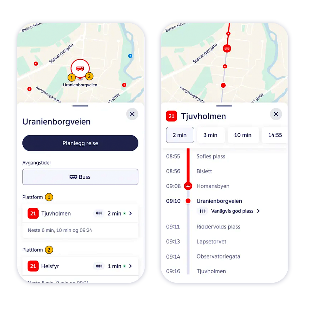 Mobile screens showing the Ruter app and the application that shows how full it is on the bus you want to take.