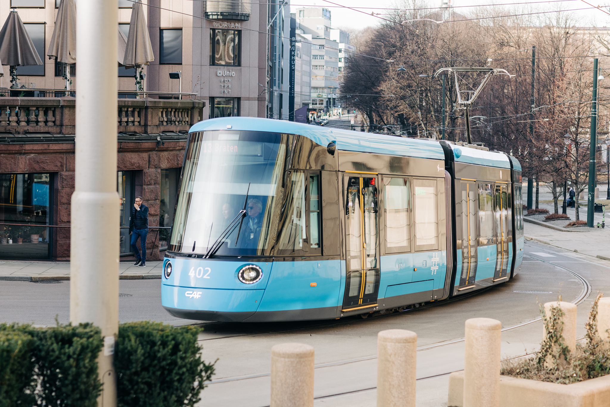 One of the new trams runs in central Oslo.